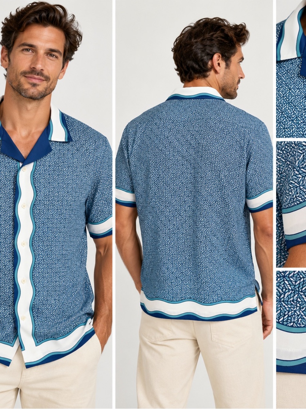 Murano Men’s L Slim Fit Shirt Blue Geometric Print Short Sleeve Button Up
